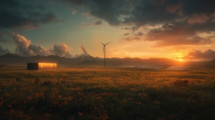 Fototapeta premium Vibrant sunset over a scenic rural landscape with a wind turbine generating renewable energy The sky is filled with dramatic clouds and the field is covered in lush vegetation