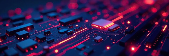 Futuristic electronic circuit technology design with glowing neon lines and geometric shapes,  innovation,  futuristic tech