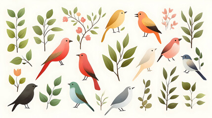 Hand Drawn Vector Elements of Spring Birds and Budding Leaves