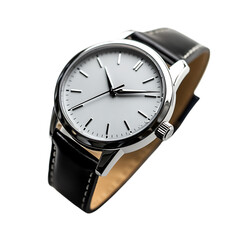 Classic Silver Dress Watch with Black Leather Strap Isolated on Transparent Background