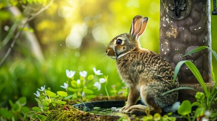 Fototapeta premium Rabbit sitting beside a wishing well gazing into the water with wonder