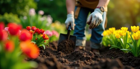 Fototapeta premium Gardener planting colorful flowers in a garden bed with a shovel and gloves, soil, sunny day