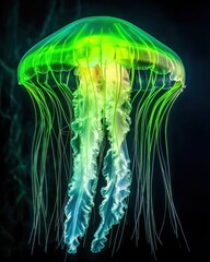 A mesmerizing and ethereal image of a luminous jellyfish drifting gracefully through the serene underwater environment its translucent tentacles glowing with a captivating bioluminescent display