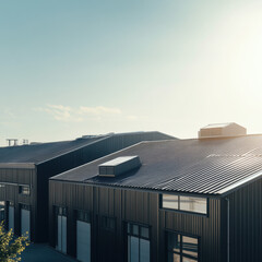Modern office building at sunset and night with a clear sky, clouds, and a steel structure