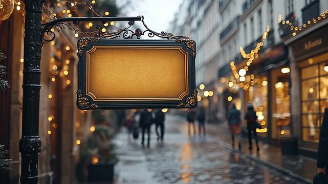 Paris street sign, Christmas lights, busy street, shop fronts, winter scene, ideal for a design template