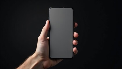 Hand holding smartphone mockup in vertical position, isolated on black background, technology,  copy space