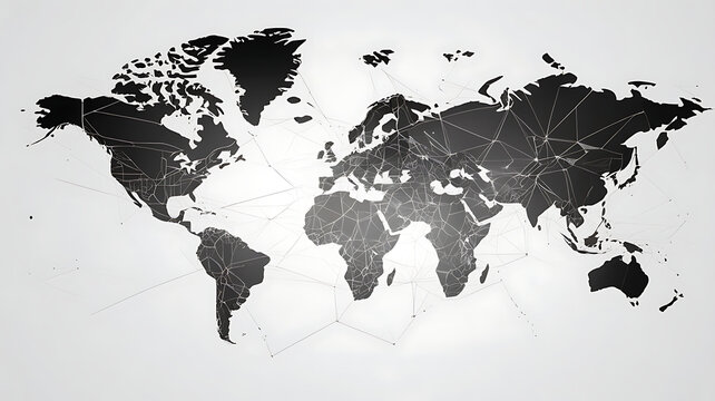 Black and White Abstract World Map: Global Network and Communication Visualization