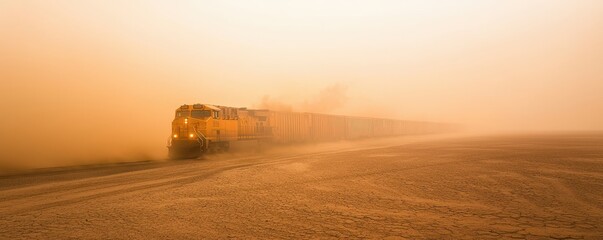 Fototapeta premium Sand dust storm natural disaster, A train traverses a dusty landscape, enveloped in a golden haze, creating a dramatic and surreal scene.