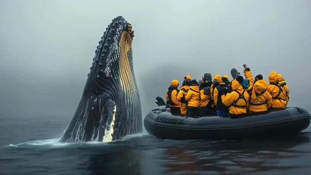 A group of tourists on a boat watching a humpback whale breach.