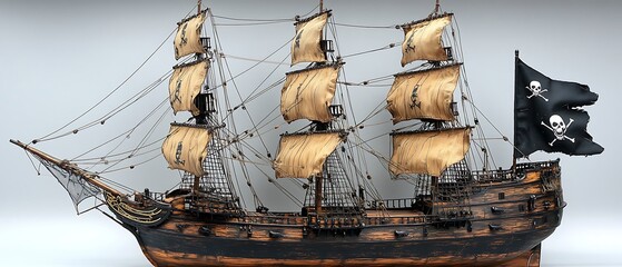 Fototapeta premium A model pirate ship with sails and a skull and crossbones flag