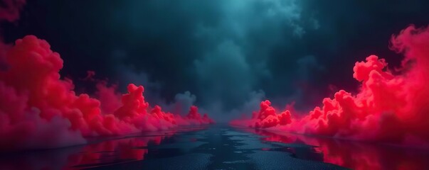 Gloomy background with red neon smoke spreading on both sides,  backdrop,  fog