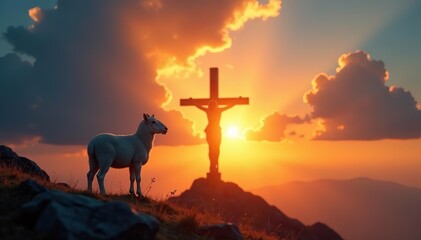 God Lamb standing in front of the cross of Jesus Christ, with a radiant sunrise in the background,  spiritual,  redemption