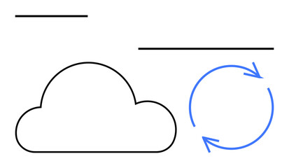 Cloud outline connected with circular arrows representing synchronization, sharing, and flow. Ideal for technology, cloud computing, data exchange, process, integration, connection flat simple