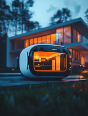 Obraz premium Bubble level on a blue background with transportation elements including trains, vehicles, and city rail systems