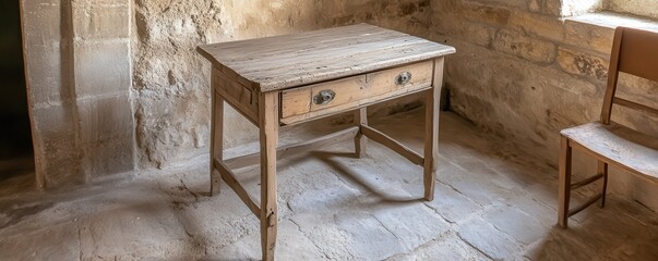 In a cozy room, a charming small table with a single drawer stands against the wall. The table's wood finish gleams softly, adding warmth to the inviting space.