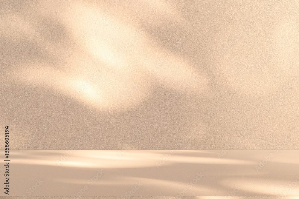 Poster Wall interior background, studio and backdrops show products. with leaf shadow from window color beige and white. background for text insertion and presentation of product	