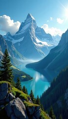 Immersive panoramic photography of majestic mountain landscapes stitched together, creating emotion-driven illustrations,  panoramas,  vastness