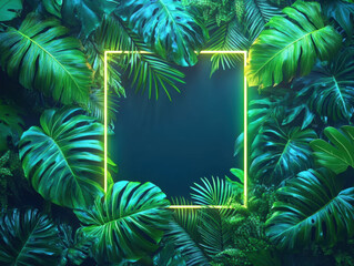 Tropical jungle frame with palm trees and green foliage perfect for holiday decorations