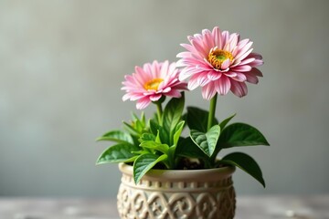 Leucanthemum flowering plant in full bloom in a decorative pot,  leaves,  white