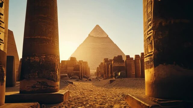 Sunset view of pyramids and ancient structures in Egypt
