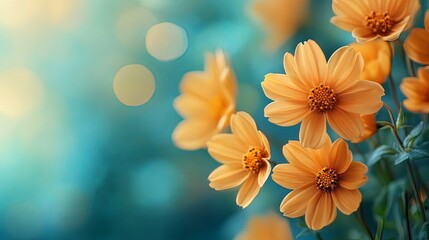 Fototapeta premium Serene Orange Cosmos Flowers in a Blurred Teal Background