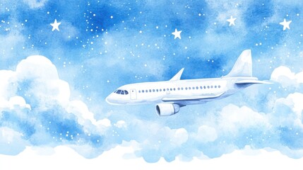 Fototapeta premium A Dreamy Flight Through a Starry Night Sky: Watercolor Painting of Airplane Above Clouds