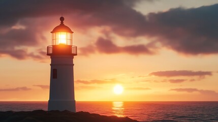 Stunning Lighthouse at Sunset with Dramatic Sky and Reflective Ocean Water in a Coastal Landscape Scene