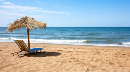 A beach scene depicts an umbrella chair and the vast ocean