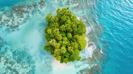 Aerial view of a lush green island surrounded by clear blue waters