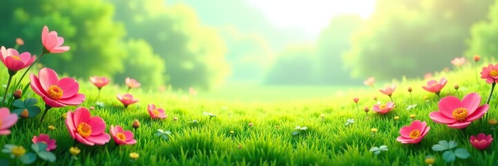 Obraz premium Lush grassland landscape with vibrant 3D flowers, environment, flora