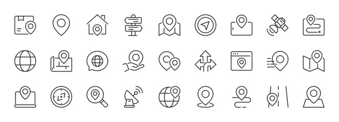 Set of Location Line Icons. Map Pin, Navigation, Compass. Editable Stroke. Pixel Perfect.