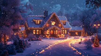 A beautifully lit house with vibrant Christmas lights, surrounded by a snow-blanketed yard, evoking warmth and the joy of the holiday season. 