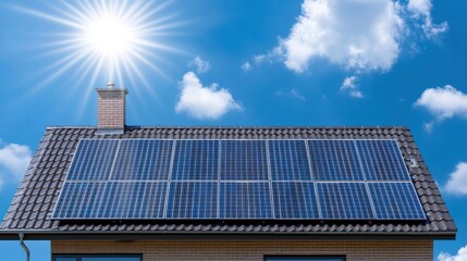 Fototapeta premium Solar Panels on House Roof: Sustainable Energy Solution