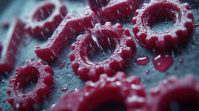 Red objects shaped like gears are wet with water droplets