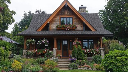 Fototapeta premium A charming cottage-style house with rustic wooden accents, a sloped roof, and flower-filled window boxes, representing cozy and inviting architecture. 