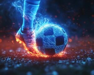 Closeup of a kid s foot kicking a soccer ball with dynamic motion, soccer field background, energy and action, youth sports, generative AI art, 8K UHD rendering