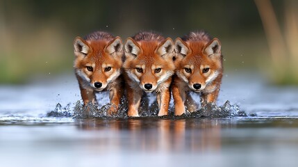 Obraz premium Three Red Foxes Running Through Water with Reflections in a Nature Environment
