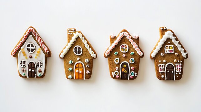 A charming gingerbread house cookie with frosted rooflines and colorful candy windows, cleanly cut out on a plain white backdrop. 