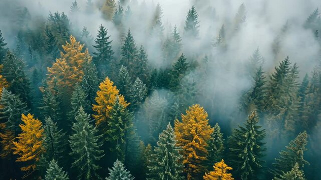 Aerial view of autumn forest, fog, trees