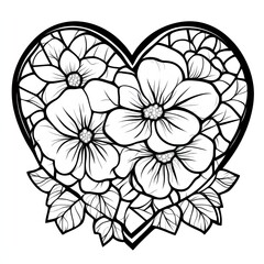 Floral Heart Design, Line Art, White Background