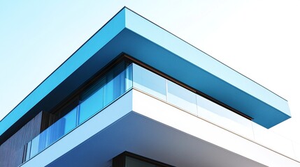 Obraz premium A chic blue modern two-story home with an angled roof and wide glass panels, cleanly presented against a white background for simplicity and elegance. 