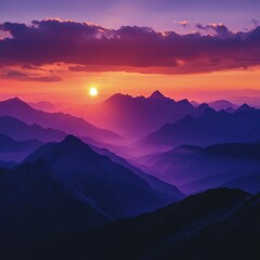 Obraz premium Stunning sunset over majestic purple mountain range with vibrant sky colors.