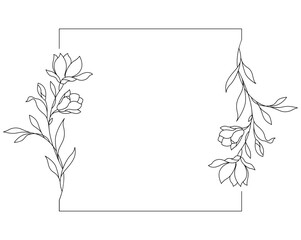 Floral and square hand drawn style. Floral black and white frame of twigs, leaves and flowers. Frames for the Valentine's day, wedding decor, logo and identity template.