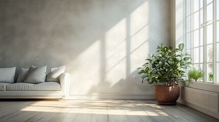 Sunlit Living Room Interior Design: Modern Minimalist Apartment with Cozy Sofa and Lush Greenery
