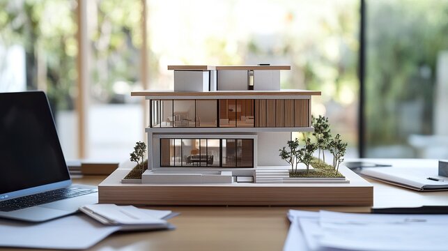 A compact house model on a sleek desk, flanked by a laptop and scattered documents, capturing the essence of real estate planning or home innovation. 