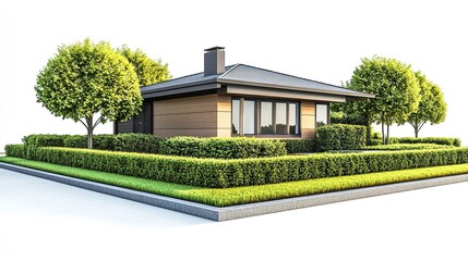 Fototapeta premium A compact suburban house with a contemporary design, accented by a front garden with trimmed hedges and a green lawn, isolated on white. 