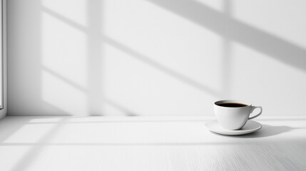 Minimalist White Cup Mockup with Blank Pages – Natural Light & Shadows for Elegant Branding and Design Presentation