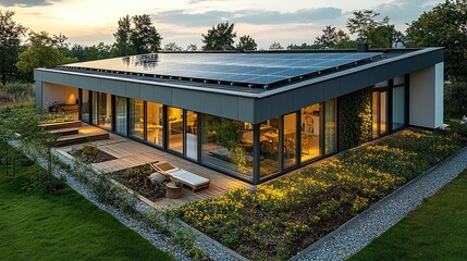 A contemporary building with a flat roof covered entirely by solar panels, emphasizing eco-friendly architecture and renewable energy use. 