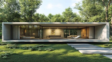 Fototapeta premium A contemporary concrete house featuring bold architectural elements, expansive windows, and a clean, open layout for a minimalist aesthetic. 