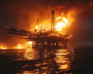 Obraz premium Vibrant oil rig scene at night, intense flames burning brightly over dark ocean waters, industrial landscape, dramatic and fiery atmosphere, otherworldly vibes, 8K UHD